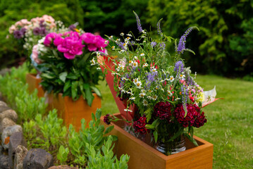 Vibrant floral arrangements in garden setting