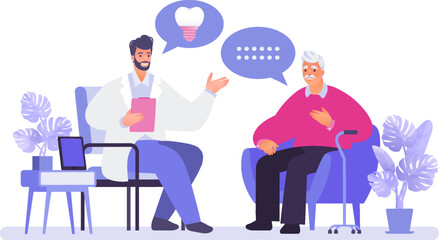 Dentistry visual concept vector flat cartoon illustration. Sad elderly man talking with dentist regarding to dental implant.