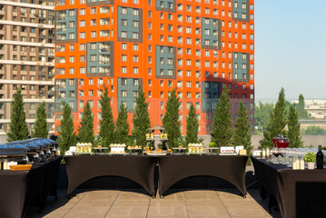 Outdoor urban event with buffet setup