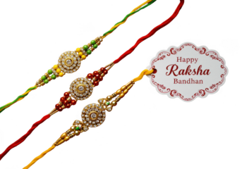 Three beautifully decorated rakhi bracelets with a happy raksha bandhan tag isolated on transparent background