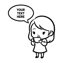 Obraz premium Cute Cartoon Girl Drinking Tea or Coffee from a Cup sketch