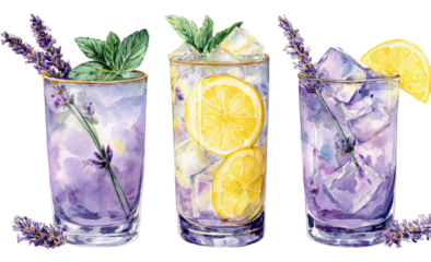 Three colorful, illustrated cocktails.  Lavender sprigs, mint leaves, and lemon slices garnish each drink.  Icy, clear liquid fills the glasses.  Watercolor style