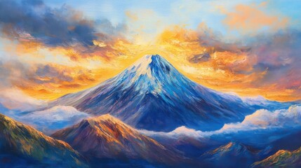 Fototapeta premium Oil painting of a majestic mountain peak at sunrise, showcasing vibrant hues of blue and orange. The peak is prominently centered