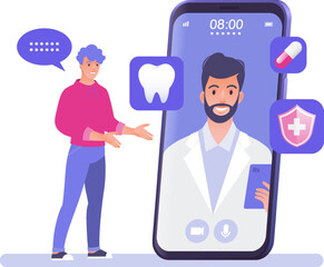Teledentistry visual concept vector illustration. Male patient consulting dentist using online technology video call app via smartphone