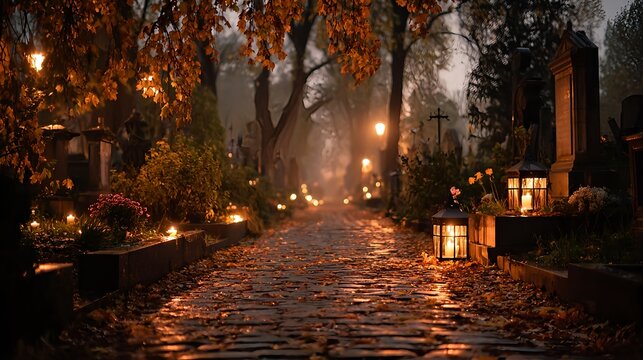 Atmospheric illustration of a cemetery alley illuminated by lanterns and candles, covered with autumn leaves and surrounded by graves. A symbolic All Saints Day themed composition representing remembr