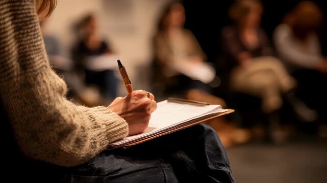 Medium shot centered on a playwright jotting down ideas during a community theatre workshop on social change with other group members faintly visible and out of focus.