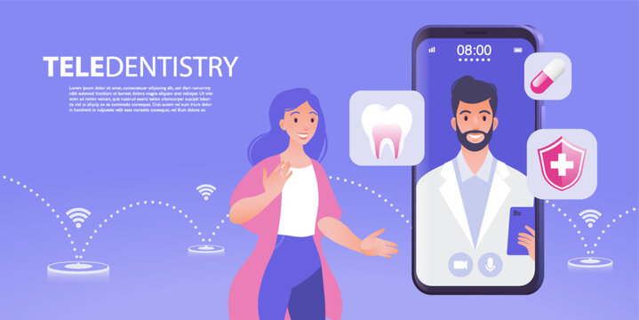 Teledentistry visual concept vector banner. Female patient consulting dentist using online technology video call app via smartphone