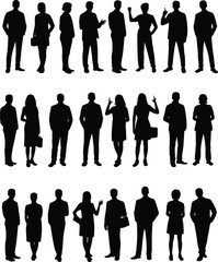 Business people silhouettes, office workers illustration, corporate staff vector, professional team standing poses, business group concept, teamwork design, modern communication figures