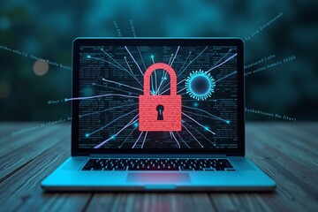 Digital Fortified: Secured Laptop Represented with Zippers, Locks, and Glitches