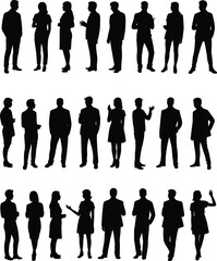 Business people silhouettes, office workers vector, corporate staff standing poses, professional teamwork illustration, business group design, communication concept, company team silhouettes