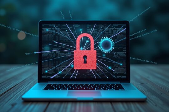 Digital Fortified: Secured Laptop Represented with Zippers, Locks, and Glitches