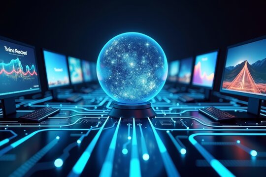 Multi-Screen Setup with Neon Cables: Dynamic Digital Landscapes and Futuristic Graphics - Powered by Adobe