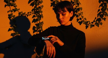 Asian female young adult using smartwatch in evening sunlight