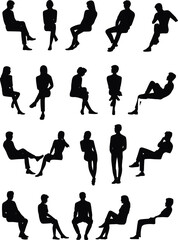 Silhouette people sitting, group illustration, business meeting, casual posture, office teamwork, body language, social communication, relaxed position, modern design, vector