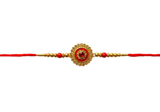 Intricately designed golden rakhi with red thread and red stone embellishments isolated on transparent background