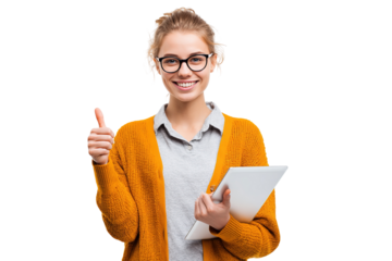 A smiling woman with glasses holding a tablet and giving a thumbs up on a black background image on transparent background