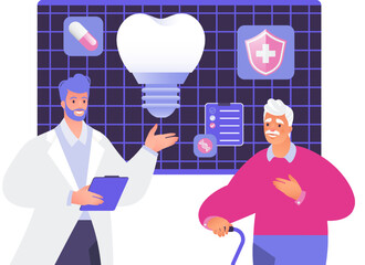 Dentistry visual concept vector flat cartoon illustration. Dentist diagnose tooth and dental implant from x ray of male elderly patient.