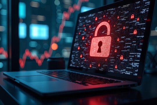 Illustration of a Ransomware Attack on a Business Computer: Digital Patterns and Financial Symbols Intertwined - Powered by Adobe