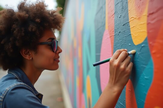 Reflective Sunglasses: Artist Painting Mural on Urban Wall