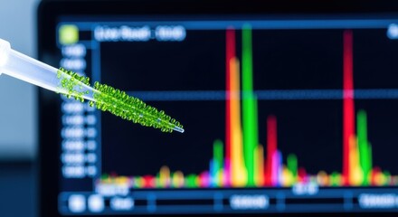 Green algae sample in laboratory with colorful data analysis graph on screen