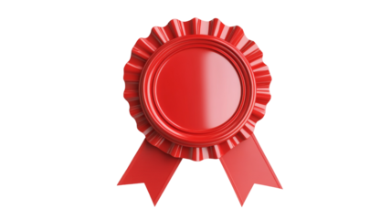 A vibrant red rosette badge with decorative frills and ribbons against a black background in a studio shot on transparent background
