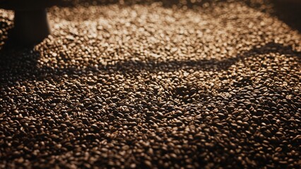 Hand reaching into pile of roasted coffee beans under warm light. Scooping generous handful while checking roast quality and texture. Preparing beans for cooling or packaging in roastery.