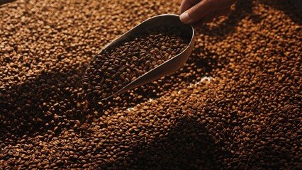 Hand tilting metal scoop to release roasted coffee beans over cooling tray. Spreading batch evenly while preparing for storage or grinding under warm light in roasting facility. Production.