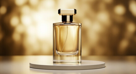 3D rendering of a luxury perfume bottle placed on a podium with a blurred gold-pink natural background, elegant lighting, photorealistic, minimalistic composition, no text, perfect for perfume product
