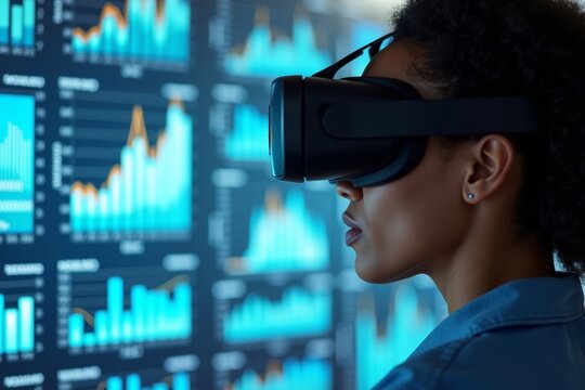 An African American office employee utilizing a VR headset for financial data analysis on a virtual spreadsheet. - Powered by Adobe