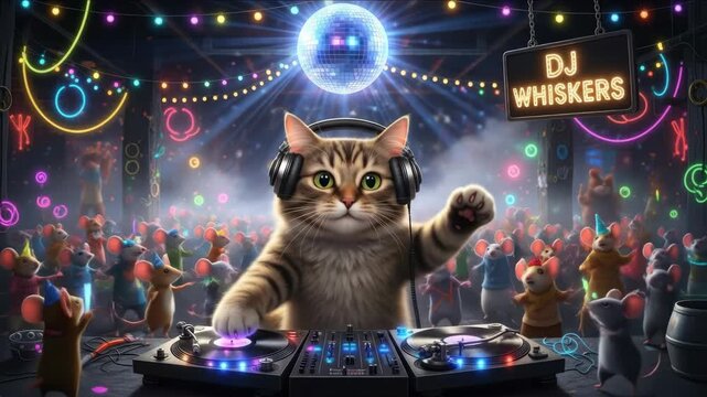 Energetic cat dj mixing beats for dancing crowd with colorful lights