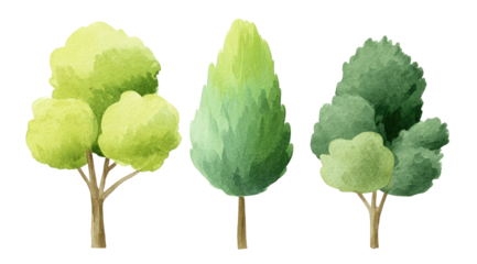 Three stylized trees in varying shades of green and light yellow, depicted with soft