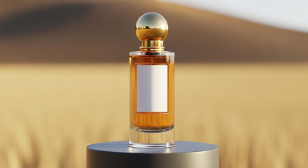 3D rendering of a luxury perfume bottle placed on a podium with a blurred gold natural background, elegant lighting, photorealistic, minimalistic composition, no text, perfect for perfume product