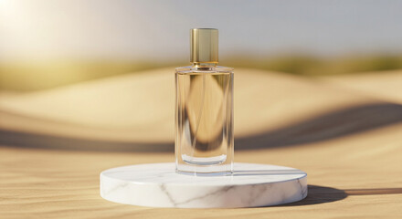 3D rendering of a luxury perfume bottle placed on a podium with a blurred gold natural background, elegant lighting, photorealistic, minimalistic composition, no text, perfect for perfume product