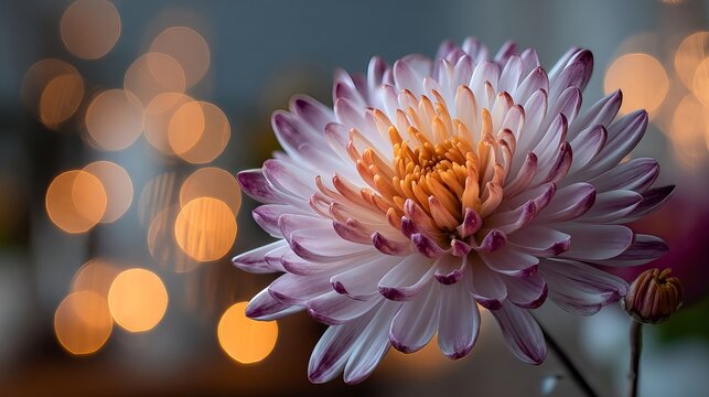 Close up illustration of a chrysanthemum flower with soft bokeh lights in the background. A symbolic All Saints Day themed composition representing remembrance, tradition and spirituality, perfect for