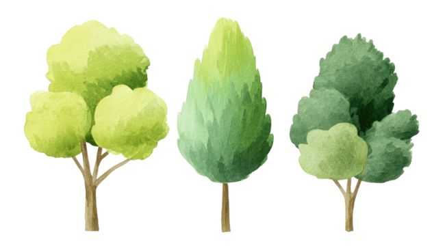 Three stylized trees in varying shades of green and light yellow, depicted with soft