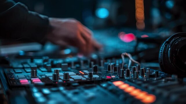 Medium shot of hands manipulating MIDI controllers with sharp clarity while outoffocus audio panels and headphones frame the scene highlighting dynamic podcast soundtrack