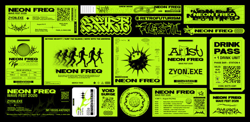 Y2K-style retrofuturistic event tickets and labels. Branding for events - passes, badges, stickers, coupons, posters, tickets. Acid rave, techno festival branding featuring 3D tribal. Vector y2k set