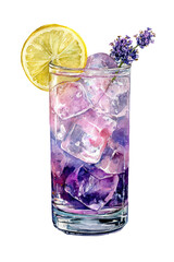 Vibrant purple and yellow cocktail in a glass, garnished with a lemon slice and lavender sprig