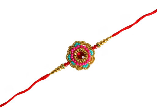 Beautifully crafted rakhi with intricate beading and red thread isolated on transparent background
