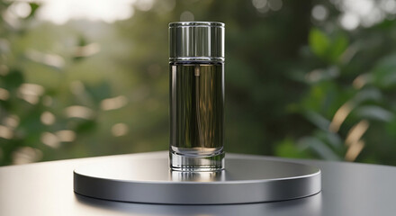 3D rendering of a luxury perfume bottle placed on a podium with a blurred natural background, elegant lighting, photorealistic, minimalistic composition, no text, perfect for perfume product
