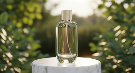 3D rendering of a luxury perfume bottle placed on a podium with a blurred natural background, elegant lighting, photorealistic, minimalistic composition, no text, perfect for perfume product