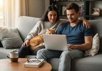 Fototapeta premium Casual couple with a cat enjoys a weekend at home