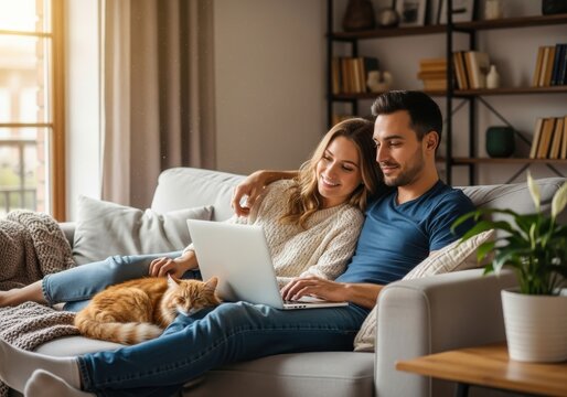 Casual couple with a cat enjoys a weekend at home