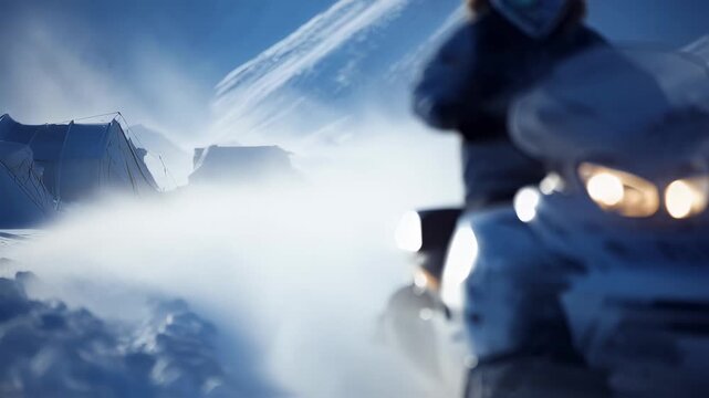 Medium shot capturing a sleek electric snowmobile delivering essential supplies to a remote polar research outpost emphasizing the main vehicle in crisp detail against a