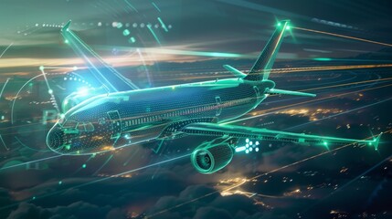 A stunning digital illustration depicts an airplane gracefully soaring over a vibrant cityscape during twilight hours