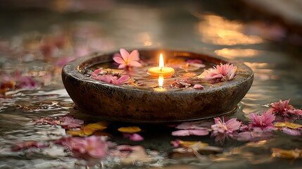 Symbolic illustration of a burning floating candle in a stone bowl surrounded by flower petals on water. A spiritual All Saints Day themed composition representing remembrance, serenity and eternal li