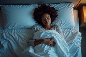 Aerial View of African American Woman Sleeping Peacefully in Bed, Demonstrating Restless Legs Syndrome