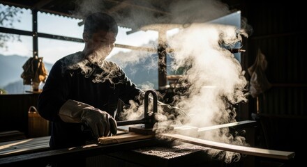 Asian male craftsman shaping wood with steam in sunlit workshop