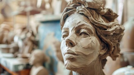 A detailed view of a clay female figure sculpture, great for artistic and design purposes