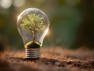 A transparent light bulb with a small green plant or tree sprouting inside placed in natural surroundings like grass or soil with sunlight in the background Th.